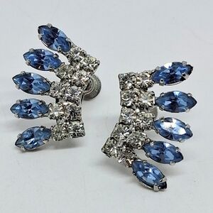 * Vintage Unsigned Blue Marquis & Clear Rhinestones Screwback  Earrings